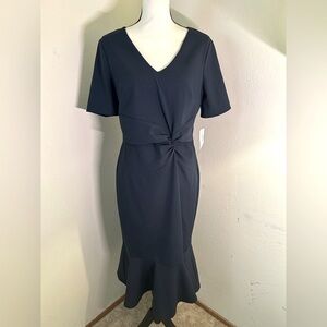 London Times Navy Blue SS V-Neck Twist Waist Flounce Hem Dress